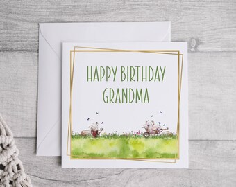 Floral Wheelbarrow Birthday Card, Grandma, Gardening Design (6x6 Linen Look)