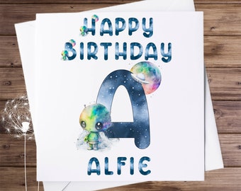 Cute alien alphabet personalised greeting card. Happy Birthday card, greeting card for child