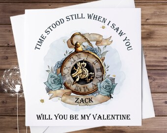 Personalised Valentine card, stopwatch card, card for him, be my Valentine, time stood still, tattoo inspired