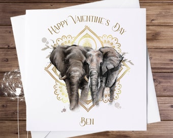 Personalised Valentine card, elephant mandala, elephant couple
