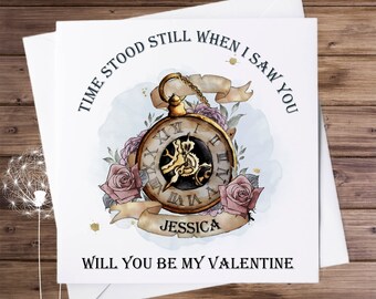 Personalised Valentine card, stopwatch card, card for her, be my Valentine, time stood still, tattoo inspired