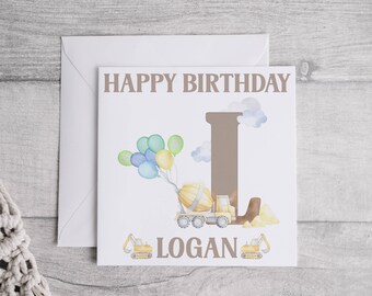 Personalised Construction Birthday Card, Boy's Initial, Matching Badge