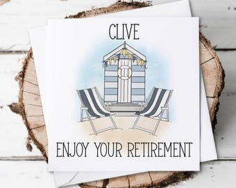 Personalised Beach Hut Retirement Card, Seaside Deckchairs