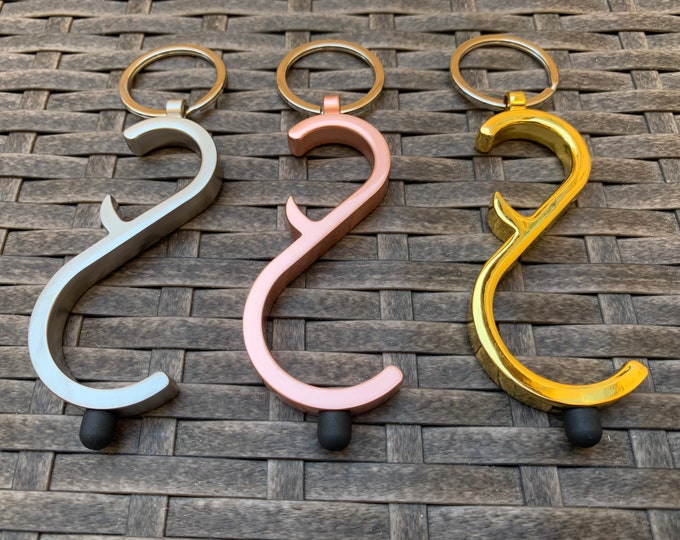 Stylish "S" Multi-functional Key Chains (3 pcs set in Matt Silver, Rose Gold, Gold) – No Touch Door Opener, Bottle Opener and Stylus Tip