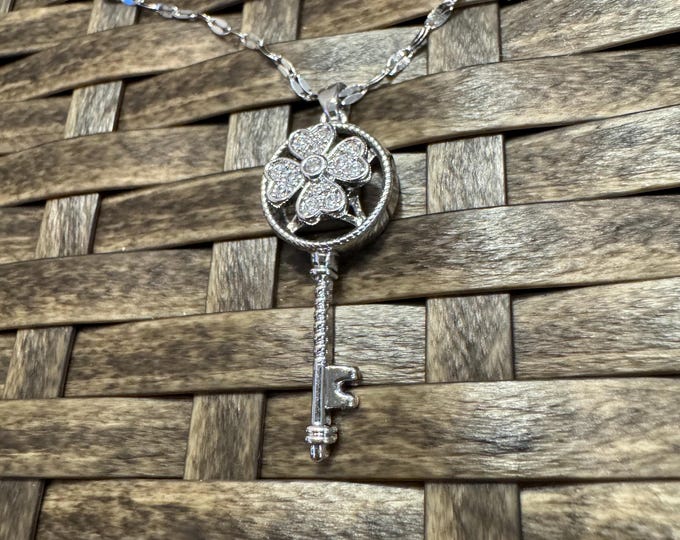 Anxiety Silver Spinning Key-Shape Pendant Necklace (Type #2), Fidget Necklace, Anxiety Relief Jewelry, Gifts for her