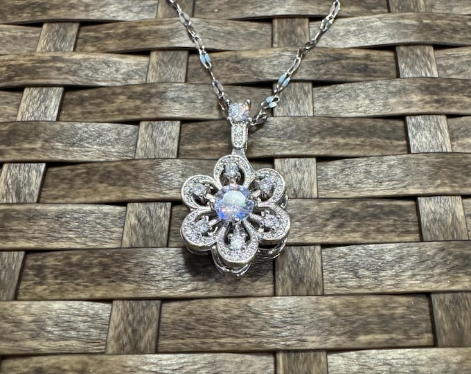 Silver Flower Charm Spinner Necklace, Fidget Necklace, Dainty Necklace, Anxiety Relief Jewelry, Gift for Her