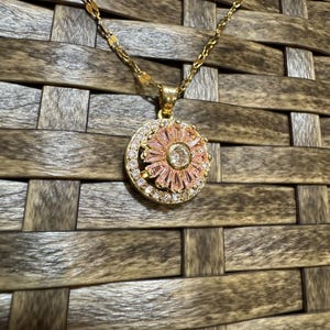 Spinning Pink Sunflower Necklace – Dainty CZ Spinner Pendant for Stress Relief
