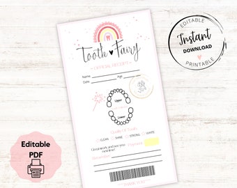 Editable Tooth Fairy Receipt Pink RAINBOW Printable Certificate Official Visit First Tooth Lost Tooth INSTANT DOWNLOAD