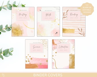 Binder Cover, Binder Cover Printable, EDITABLE Canva Template, Teacher Planner, Blush Pink and Gold Binder Cover, Printable Binder Covers