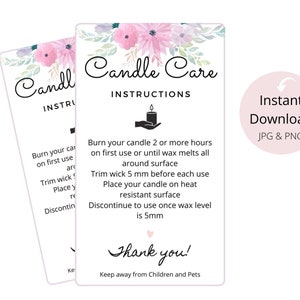 Floral Candle Care Card Instructies, DIGITALE PRINTS - Afdrukbare Zorg Gids voor Candle Seller | Klantherinnering voor kleine bedrijven