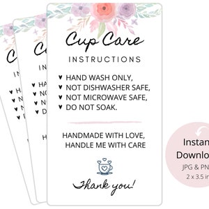 Floral Cup Care Instructions Card Digital Print - Guide de lavage imprimable pour Tumbler & Mug Seller | Rappel à la clientèle pour les petites entreprises