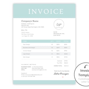 Plantilla de factura EDITABLE Teal, factura imprimible - CANVA factura editable personalizable, formulario comercial / soporte al cliente para pequeñas empresas