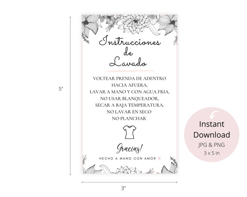 Espagnol Floral Care Card Instructions IMPRESSIONS NUMÉRIQUES Printable Care Tumble Guide pour le vendeur Instrucciones de Lavado Español image 3