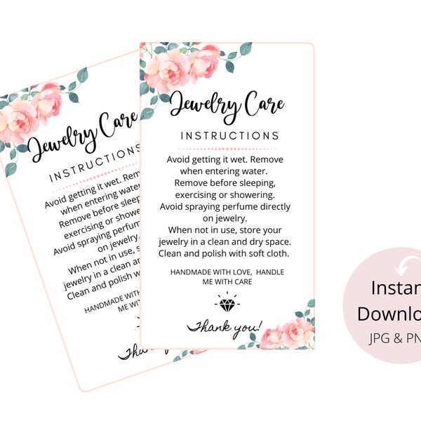 Jewelry Care Card READY TO PRINT Digital Files - Printable Jewelry Care Instructions For Jewelry Seller | Customer Reminder