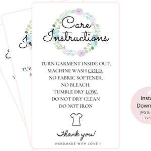 Floral Washing Care Instructions Card DIGITAL PRINTS - Printable Care Tumble Guide for Seller, Garment Care Card