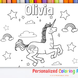 Dibujo para colorear personalizado, Página de libro para colorear personalizada de Unicornio con nombre - Descarga digital, Dibujos para colorear para niños