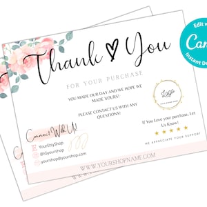Cartões de agradecimentos EDITÁVEIS Poshmark Impressão digital floral - modelo de cartão de agradecimentos CANVA | Lembrete do cliente para pequenas empresas