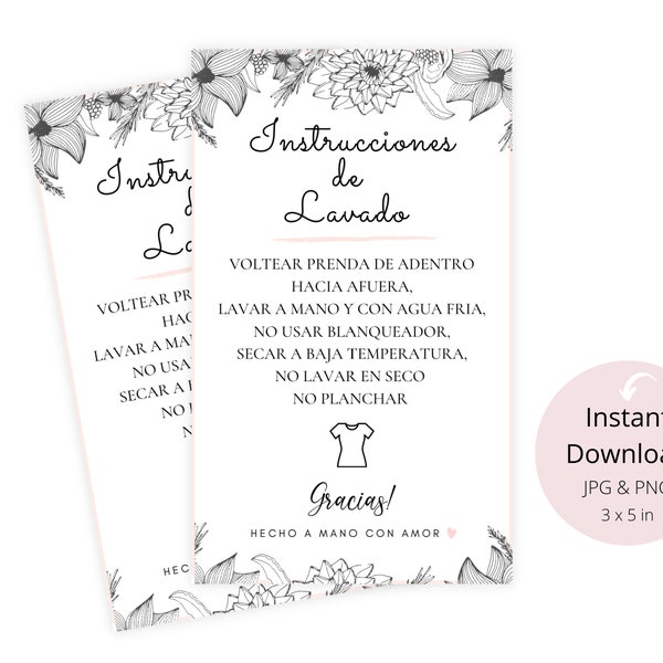 Spanish Floral Care Card Instructions DIGITAL PRINTS - Printable Care Tumble Guide for Seller | Instrucciones de Lavado Español