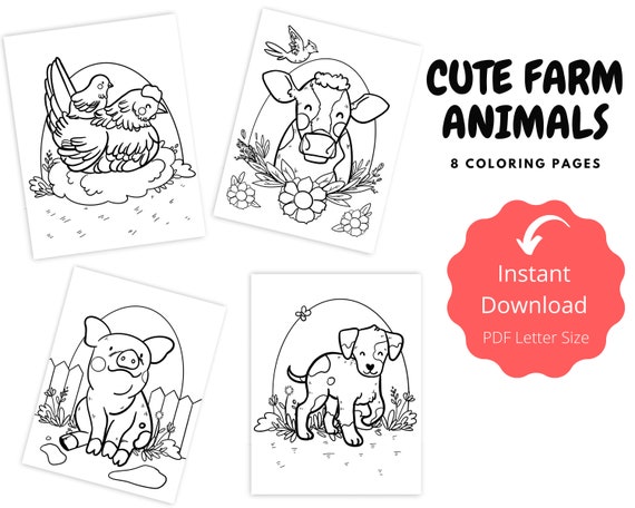 Cute Farm Animals Print Coloring Book 8 Coloring Pages for