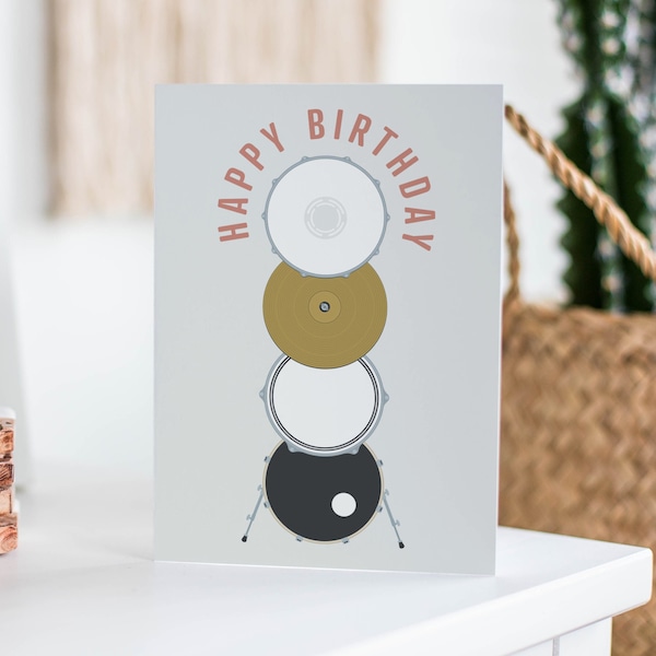 Drum Kit Birthday Card - Drummer Instrument Card, Music Greetings Card, Gift for Musician, Music Lover Gift, Happy Birthday, A5