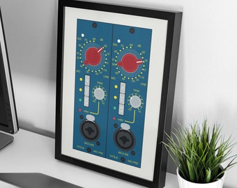 May include: A framed illustration of a blue and white audio mixing console with two channels. Each channel has a red knob, a trim knob, and a line switch. The text "MIC LINE" and "1073LB" are printed on the bottom of each channel.