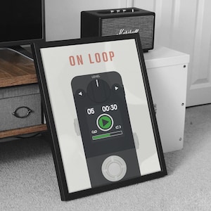May include: A black and white illustration of a music looping pedal with the text "ON LOOP" and the words "LEVEL", "05", "00:30", and "00" on the screen.