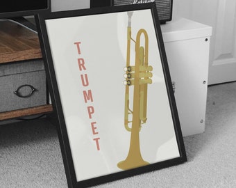 Trumpet Print - Jazz Music Poster, Neutral Wall Art, Brass Band, Music Studio Decor, Gift for Musician, Musical Instrument