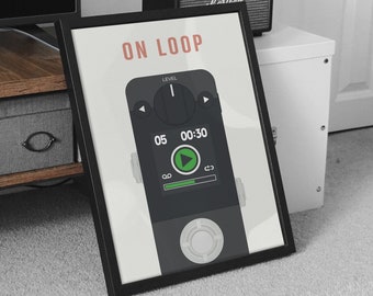 May include: A black and white illustration of a music looping pedal with the text "ON LOOP" and the words "LEVEL", "05", "00:30", and "00" on the screen.