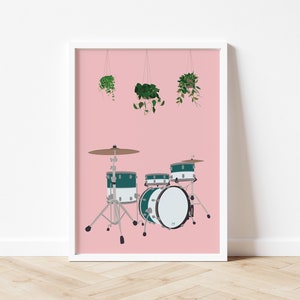 Drum Kit Houseplant Print - Drums Music Poster, Music Studio Art, Gift for Musician, Percussionist Drummer, Botanical Musical Instrument