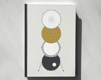 May include: A stack of four drum heads, including a bass drum, a snare drum, and two toms. The drums are arranged in a vertical stack, with the bass drum at the bottom and the toms at the top. The drums are all white with black rims, and the bass drum has a black center.