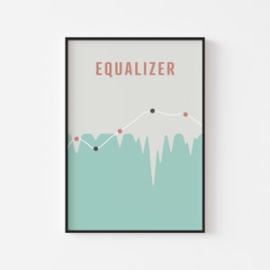 May include: A minimalist poster with the word "EQUALIZER" in a light brown color on a light gray background. A white line with black and red dots forms a graph-like shape over a teal blue background.