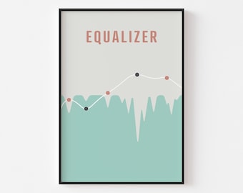 May include: A minimalist poster with the word "EQUALIZER" in a light brown color on a light gray background. A white line with black and red dots forms a graph-like shape over a teal blue background.