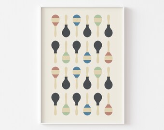 May include: A white framed print with a pattern of maracas. The maracas are black, red, blue, and green. The maracas are arranged in a grid pattern.