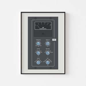 May include: A grey and blue audio compressor plugin interface with knobs and sliders for adjusting threshold, attack, release, ratio, and high-pass filter settings. The interface also includes a dB meter labelled "Compression".