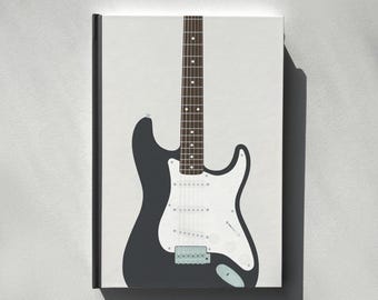 May include: A vertical rectangular print featuring a black electric guitar with a white pickguard, a dark brown fretboard with white dot inlays, and silver hardware. The guitar is centered against a solid, light gray background.