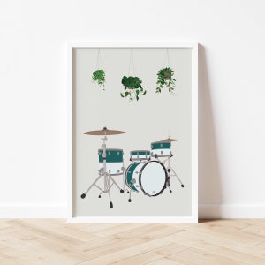 May include: A framed illustration of a teal drum set with a white rim and a bass drum with the number 20 on it. The drum set is in front of a white wall with three hanging plants with green leaves.