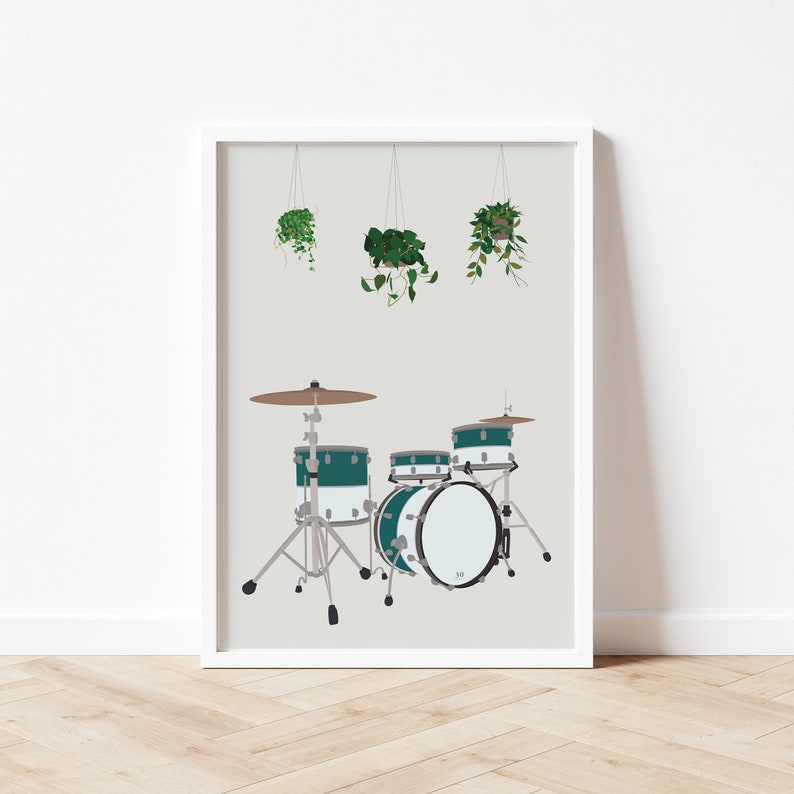 May include: A framed illustration of a teal drum set with a white rim and a bass drum with the number 20 on it. The drum set is in front of a white wall with three hanging plants with green leaves.