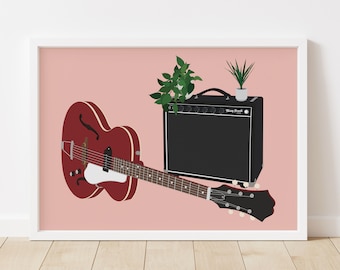 Guitar & Amp Houseplant Print - Guitarist Music Poster, Electric Guitar Art, Music Studio Decor, Century Guitar Art, Musical Instrument