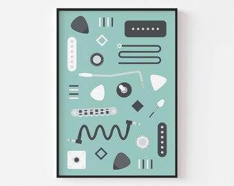 May include: A teal blue poster with black and white illustrations of guitar parts, including a pickup, a bridge, a tuner, a guitar cable, and a guitar pick. The poster is framed in a black frame.