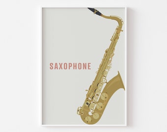 Saxophone Print - Sax Music Poster, Neutral Wall Art, Jazz Music, Retro Decor, Gift for Musician, Musical Instrument