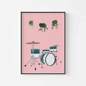May include: A pink background with a drum set in the center. The drum set is green and white with a silver cymbal. There are three hanging plants with green leaves in pots.