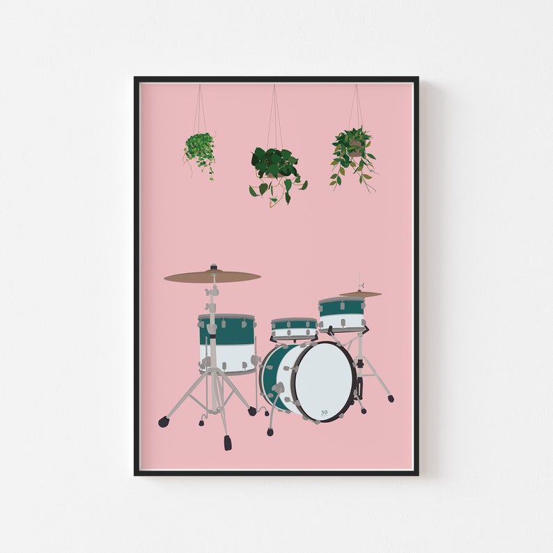 May include: A pink background with a drum set in the center. The drum set is green and white with a silver cymbal. There are three hanging plants with green leaves in pots.