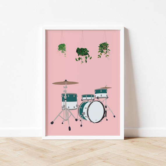Drum Kit Houseplant Print - Drums Music Poster, Music Studio Art, Gift for Musician, Percussionist Drummer, Botanical Musical Instrument
