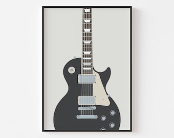 May include: A black electric guitar with a white pickguard and chrome hardware. The guitar has a single cutaway body and a maple neck with a rosewood fretboard.
