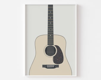 May include: A beige acoustic guitar with a black pickguard and a black and brown soundhole. The guitar is on a light gray background.