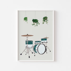 May include: A teal drum set with a white bass drum and hanging plants in the background.