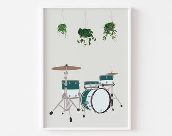May include: A teal drum set with a white bass drum and hanging plants in the background.