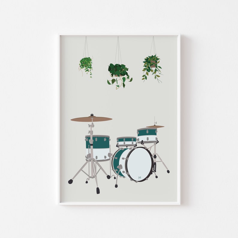 May include: A teal drum set with a white bass drum and hanging plants in the background.