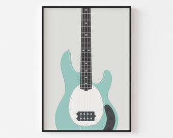May include: A teal blue electric bass guitar with a white pickguard and black knobs. The guitar has a single cutaway and a rounded body shape.