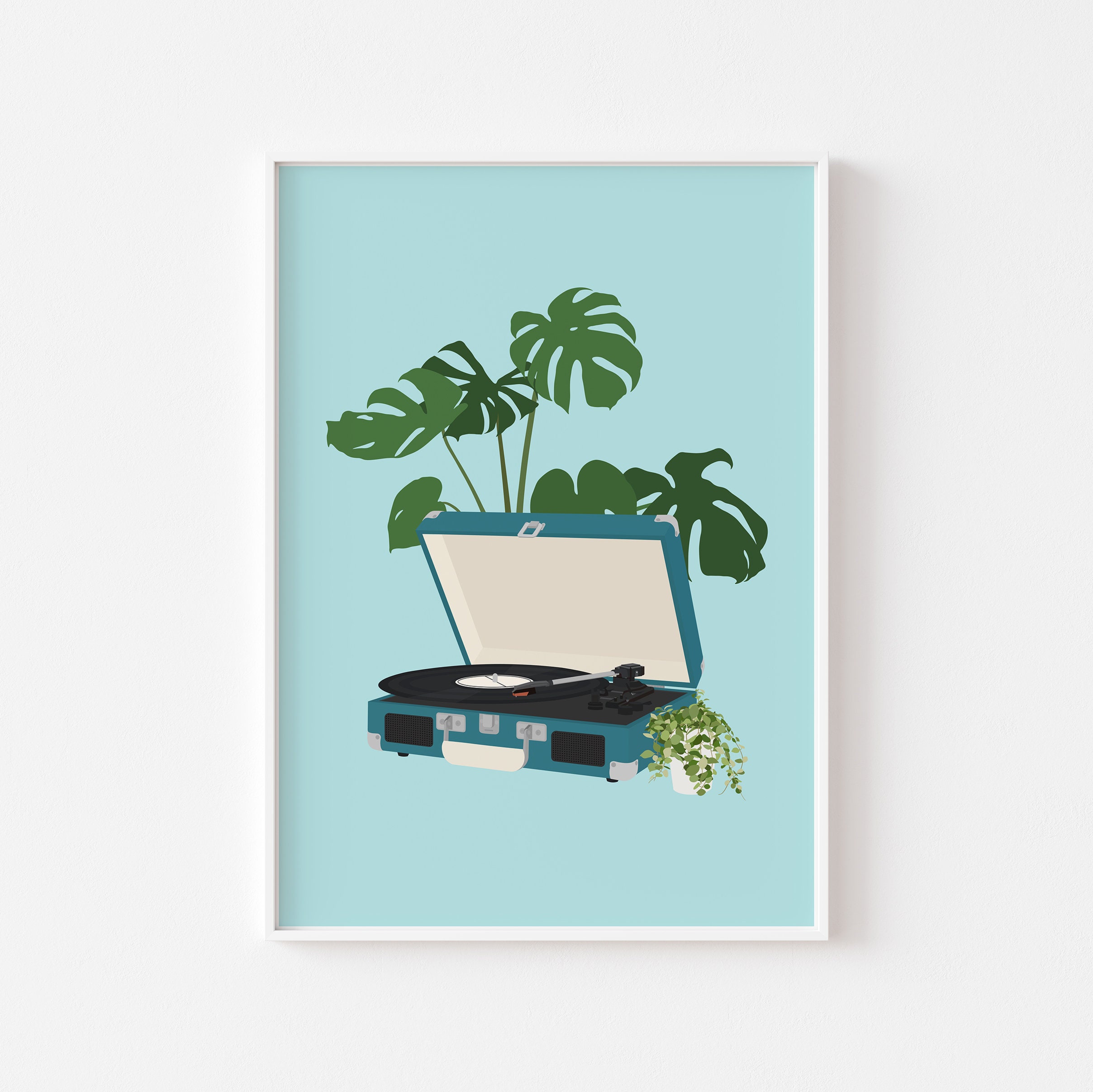 Record Player Houseplant Print - Vinyl Lover, Retro Music Poster, Music Studio Decor, Gift for Musician, Suitcase Turntable, Music Wall Art